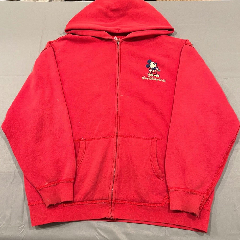 Disney Parks Mickey Mouse Walt Disney World Red Zip Up Hoodie vintage Distressed